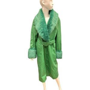 FINESSE Green Fur Collar Faux Leather Coat Sz L